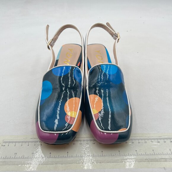 YDN Colorful-dots Square Toe Block Low Heels Slingback Formal Loafer Dressy Shoe - Picture 3 of 8